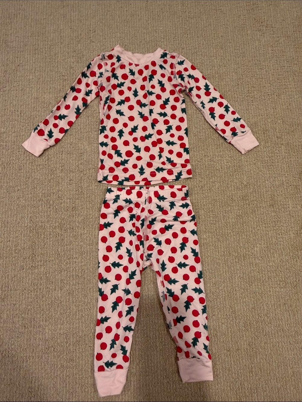 Hanna Andersson Pink Pajama Set with Red Dot & Green Holly Print